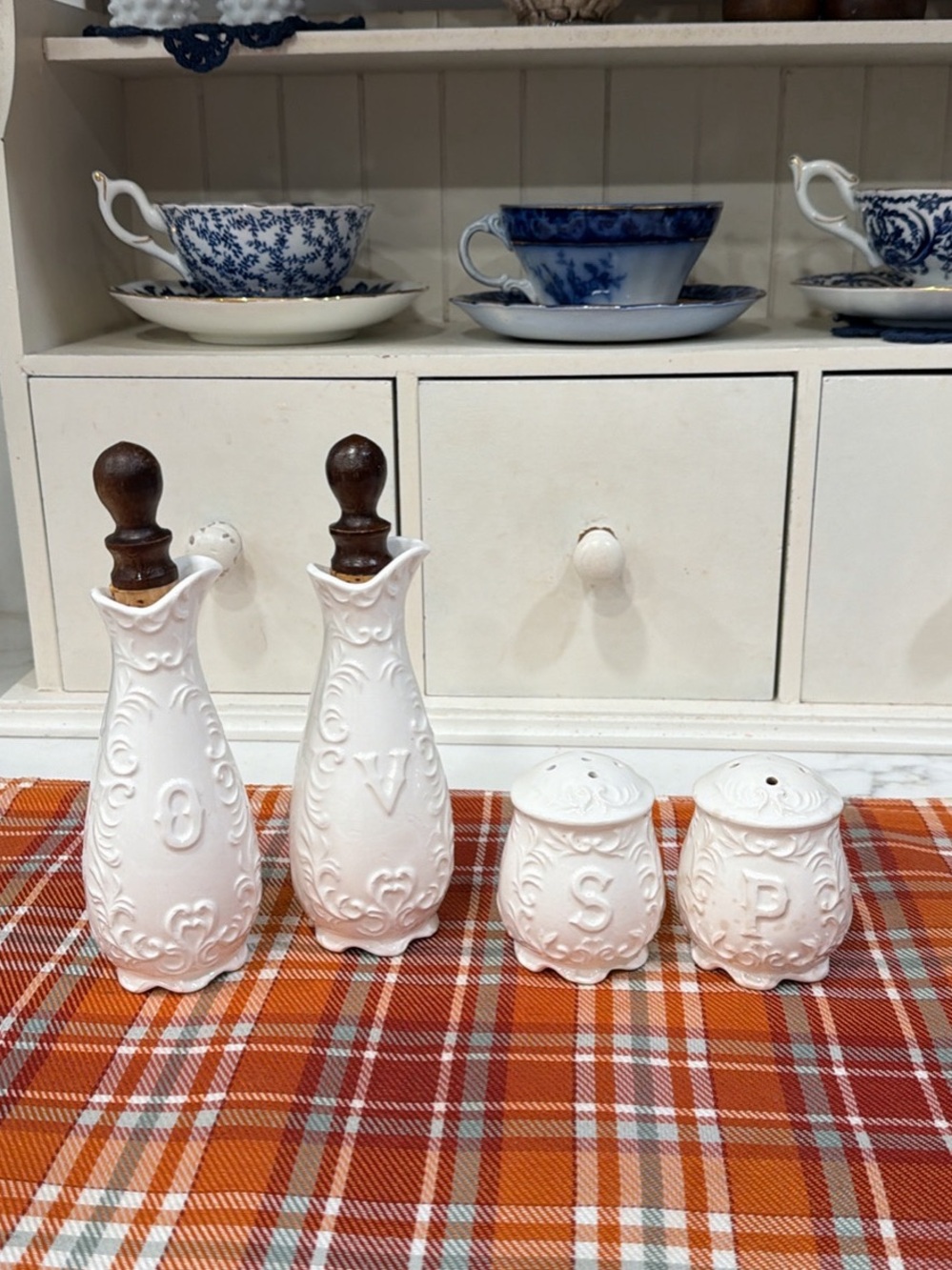 Vintage White Embossed Ceramic Salt, Pepper and Oil & Vinegar Set